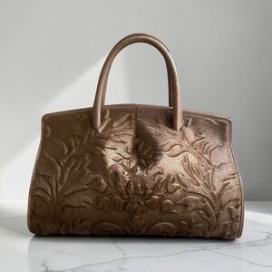 Floral Embossed Cowhide Leather Handbag Satchel Taupe 12x7" Glam OOAK Designer